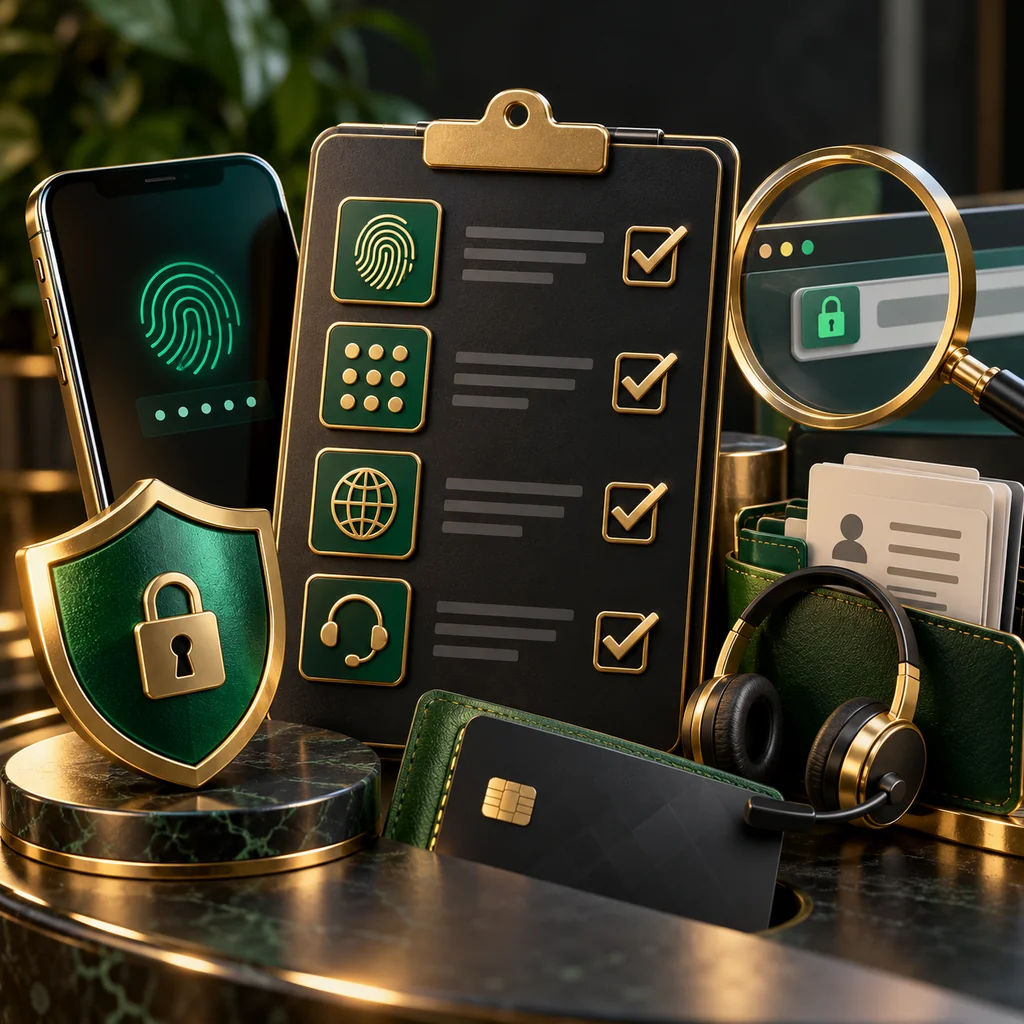 A security checklist with fingerprint, private code keypad, verified domain magnifier and support records