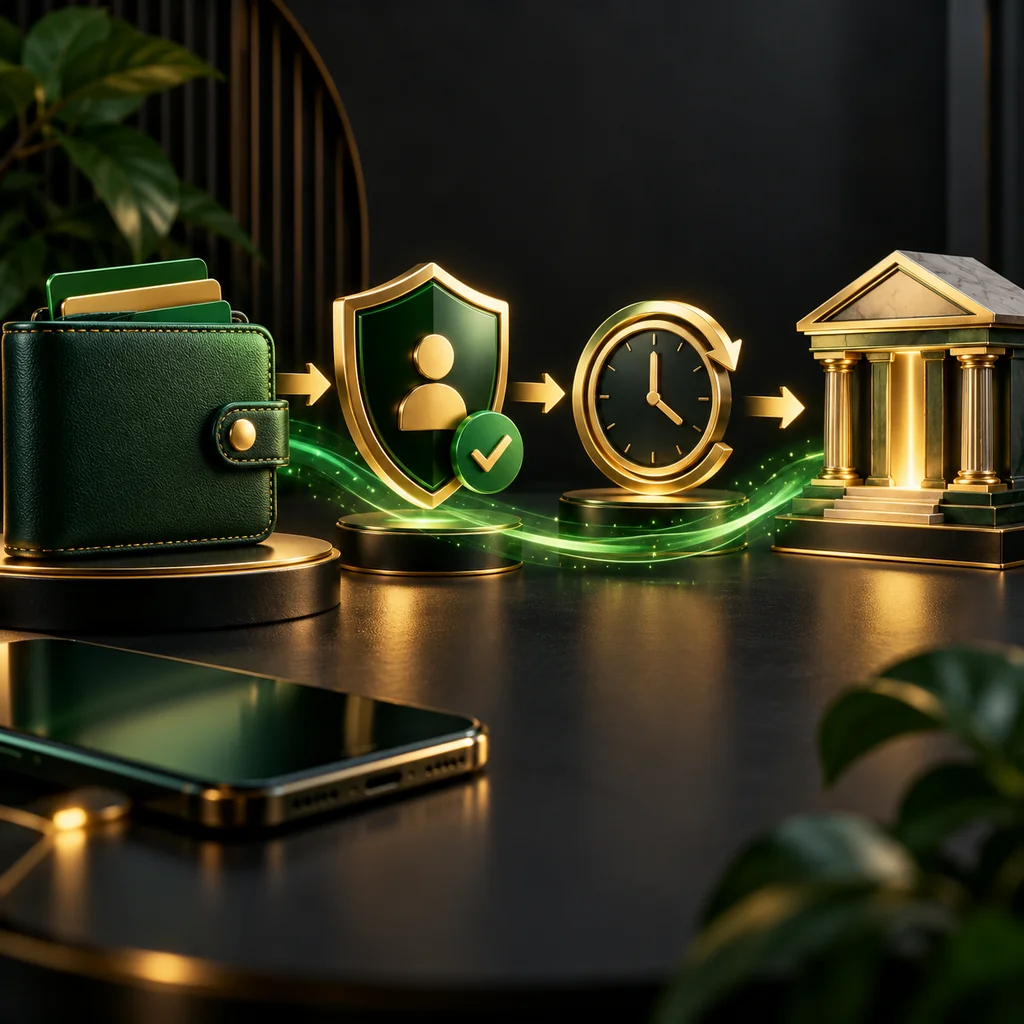 A wallet withdrawal journey with identity shield, review clock and bank destination