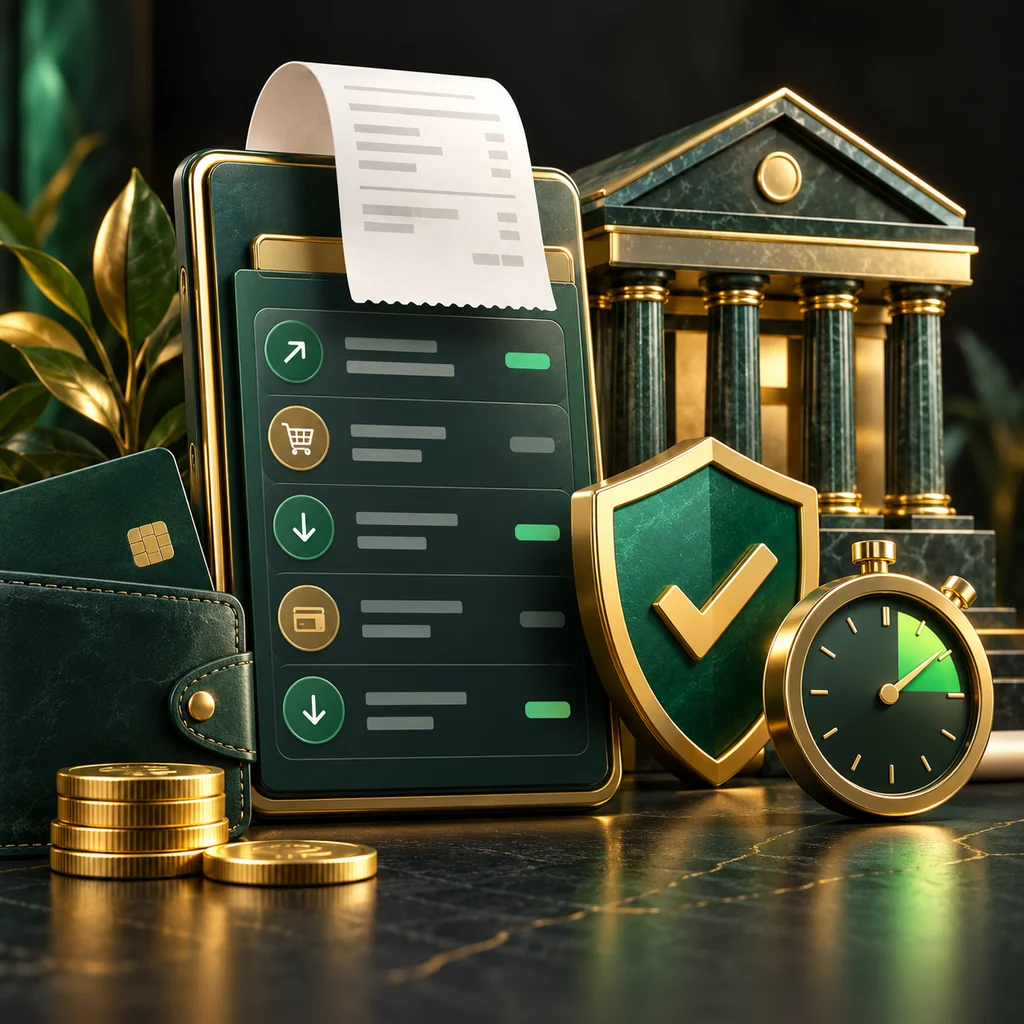 A payment ledger with receipt, bank building, verification shield and timer
