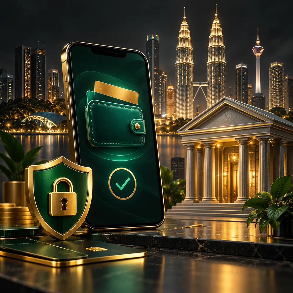 An unbranded mobile wallet beside bank building and Malaysian skyline