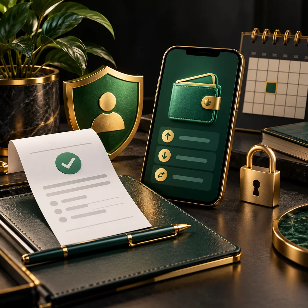 A records desk with transfer receipt, calendar, identity shield and digital wallet