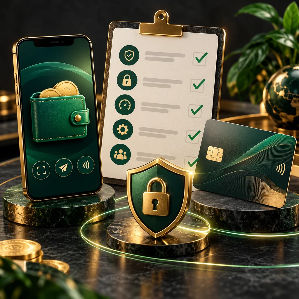 A balanced comparison scene with digital wallet and bank card beside a decision checklist