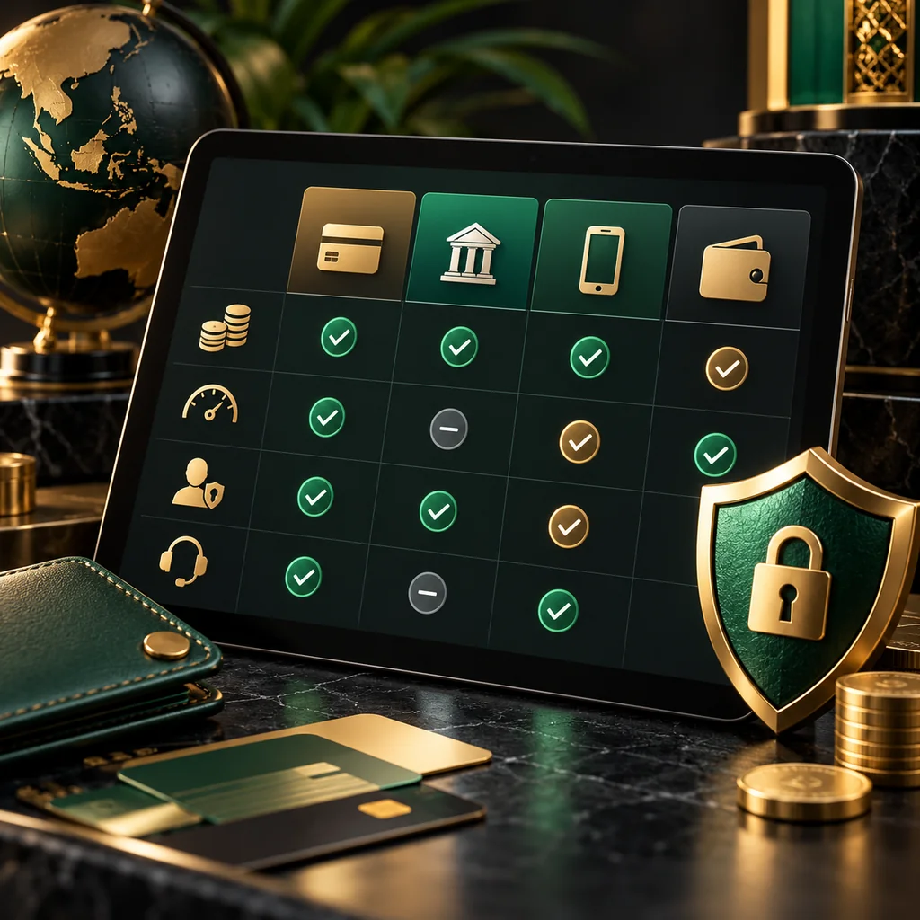 A decision matrix on a tablet with fee, limit, verification and support icons