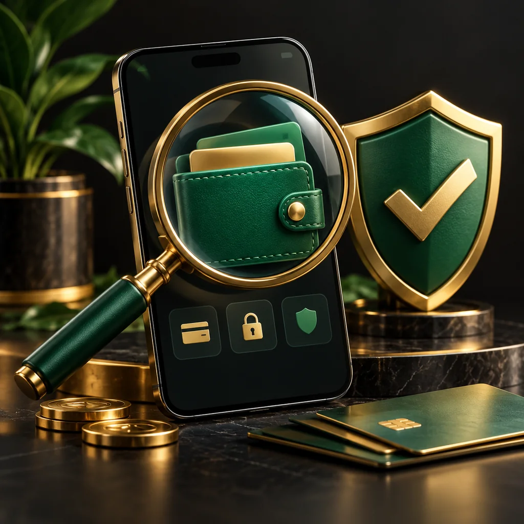 A magnifying glass examining a phone wallet beside a verification shield