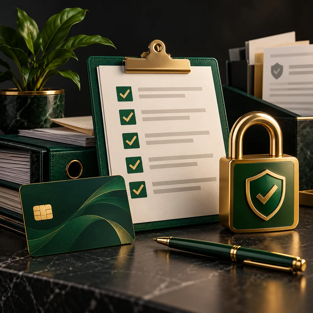 An audit checklist with company documents, a lock and payment reference card