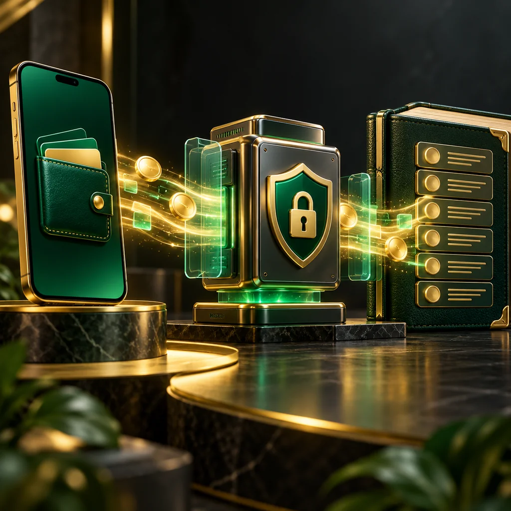 A concept of digital payment flowing from a phone wallet through a processing gateway to a ledger